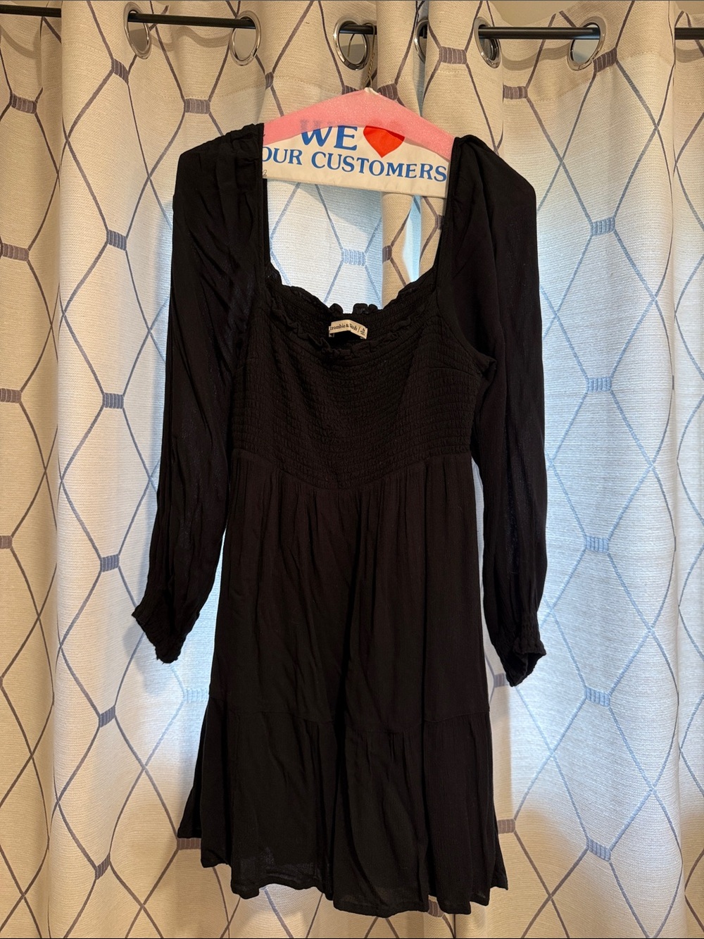 Abercrombie & Fitch Black Long-Sleeve Smocked Square-Neck Midi Dress